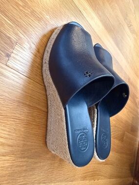 Tory Burch Black Leather Espadrille Wedge Slides